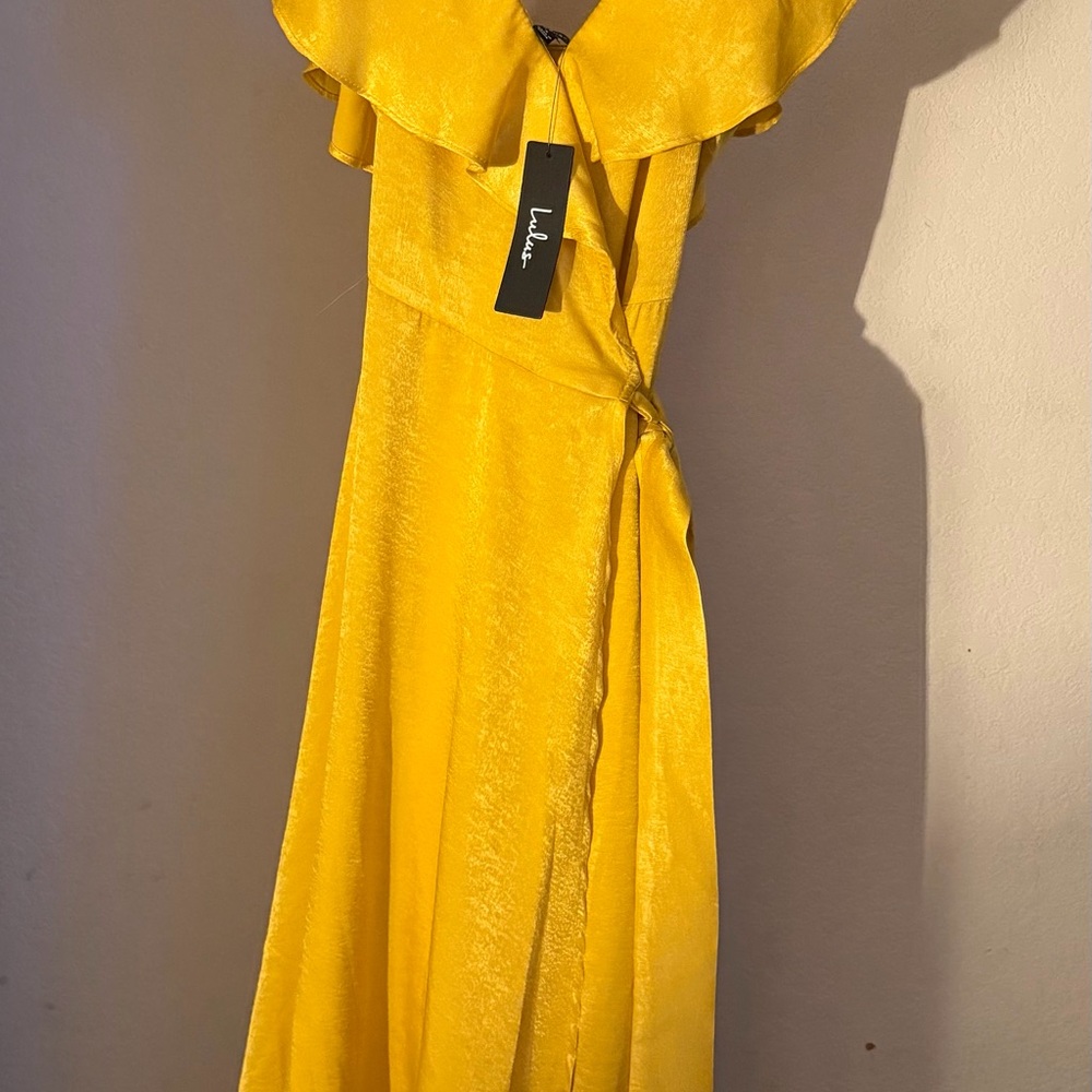 Lulu's Mustard Off-the-Shoulder Wrap Dress